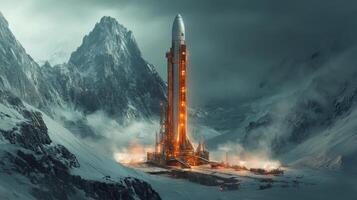 A rocket stands poised for launch in a rugged mountain terrain, illuminated by vibrant lights as it prepares for a significant aerospace mission in hypersonic flight. photo