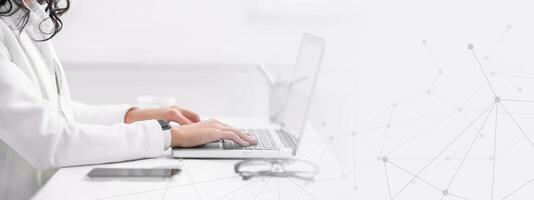 Job Search. Unrecognizable woman using laptop to find work projects online. Selective focus, empty space photo