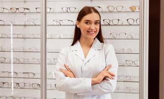 A smiling professional stands confidently with arms crossed in front of a display of various eyeglasses. The store's organized layout highlights the diversity of available frames. photo