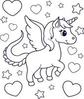 Magical Flying Unicorn with Hearts and Clouds Coloring Page vector