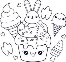 Bunny on a Cupcake with Ice Cream and Sweets Coloring Page vector