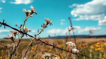 Wildflowers and barbed wire in a field photo