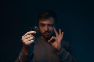 Man holding bitcoin. Financial ecosystem. The currency of the future. photo