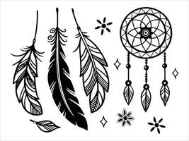 Hand-Drawn Boho Dreamcatcher and Feathers Art vector