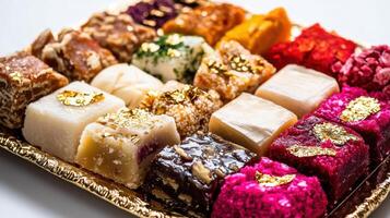 A tray of assorted sweets on a white surface photo