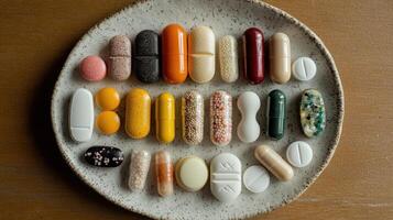 A white plate with a variety of pills on it photo