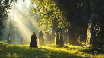 A person walking through a forest with sunbeams shining through the trees photo