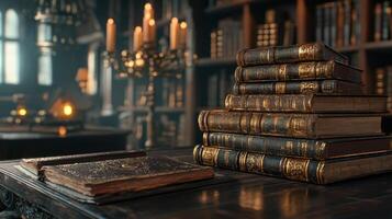 Old books on a table in a library photo