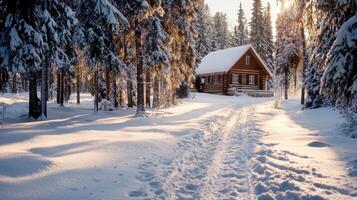 A small cabin in the woods surrounded by trees photo