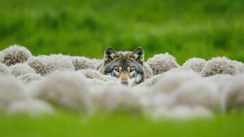 Wolf in the sheep field photo
