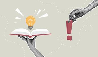 Trendy halftone collage. Incendiary ideas. Concept of gaining new knowledge, reading a book for inspiration, knowledge, brazovanie, study. vector