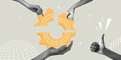 Trendy halftone collage. Teamwork makes dreams come true. The concept of partnership, to get a solution, work efficiency, optimization.Teammates connecting the parts of the gear together. vector