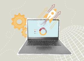 Trendy halftone collage. Global business launch. Concept of launching a new business product, starting a business, successful startup. Launching a rocket from laptop screen. illustration vector