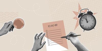 Trendy halftone collage. Time management, productivity,time management,time management, online learning, work from home, coffee break concept. vector