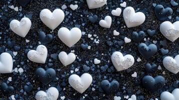 A black and white photo of hearts with a blue background