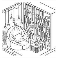 Reading Nook with Bean Bag and Bookshelves vector