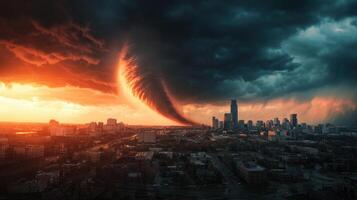A tornado is seen over a city photo