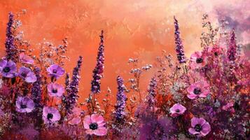 A painting of purple flowers and purple sky photo