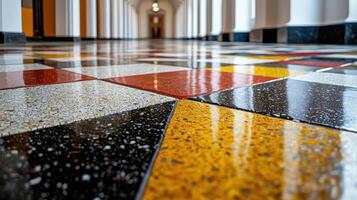 A colorful floor with a checkered pattern photo