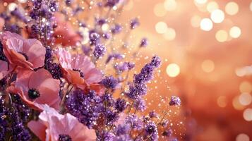 Purple flowers are in a vase with a bokeh background photo