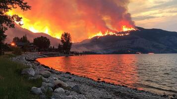 The wildfire is burning in the mountains near the shore photo