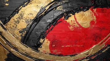 Abstract painting with gold and red paint on a black background photo