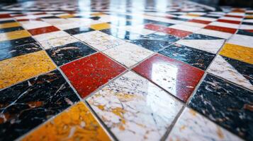 A close up of a marble floor with colorful tiles photo