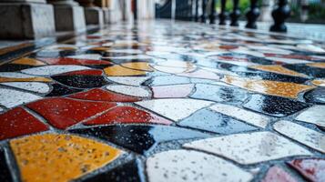 A colorful mosaic floor with rain drops on it photo