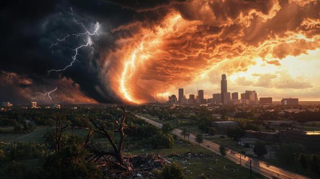 A tornado is seen in the sky over a city photo