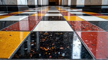 A floor with a black and white checkered pattern photo