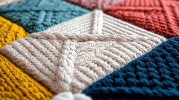 A close up of a colorful knitted blanket photo