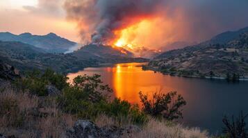 A fire is burning in the distance, with the smoke rising up into the sky photo
