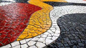 A mosaic tile floor with red, yellow and black tiles photo