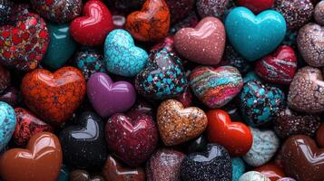 Colorful hearts are arranged in a pile photo