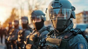 A group of soldiers stand in a line, all wearing black helmets photo