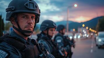 Three men in black helmets stand on a street photo