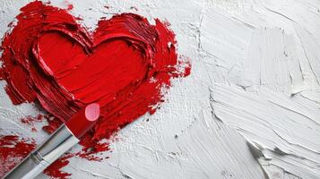 A red lipstick is painted on a white wall in the shape of a heart photo
