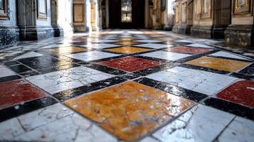 A large room with a tiled floor that is mostly white and red photo