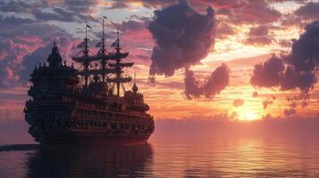 A pirate ship is sailing in the ocean at sunset photo