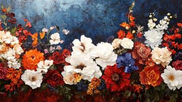 A painting of flowers on a blue background photo