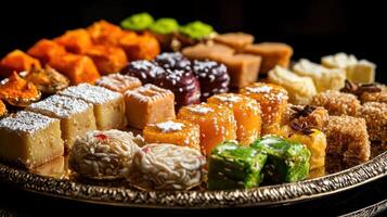 A platter of assorted sweets on a black table photo