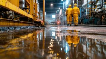 Two workers in yellow rain jackets walking through a factory photo