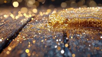 Golden honeycomb on wooden table with bokeh photo