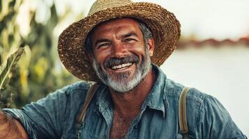 A man with a hat and beard is smiling photo