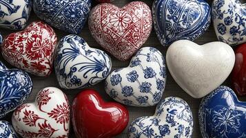 Many different types of heart shaped ceramic pieces photo