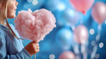A little girl holding a cotton candy in the shape of a heart photo