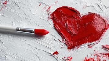 A brush with red paint on a heart photo