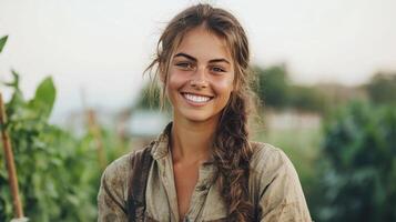 A smiling woman in a field of green plants photo