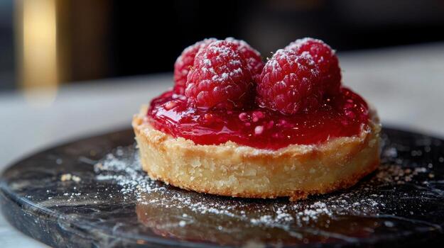 A raspberry tart on a black plate photo
