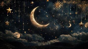 Golden moon and stars in the night sky photo